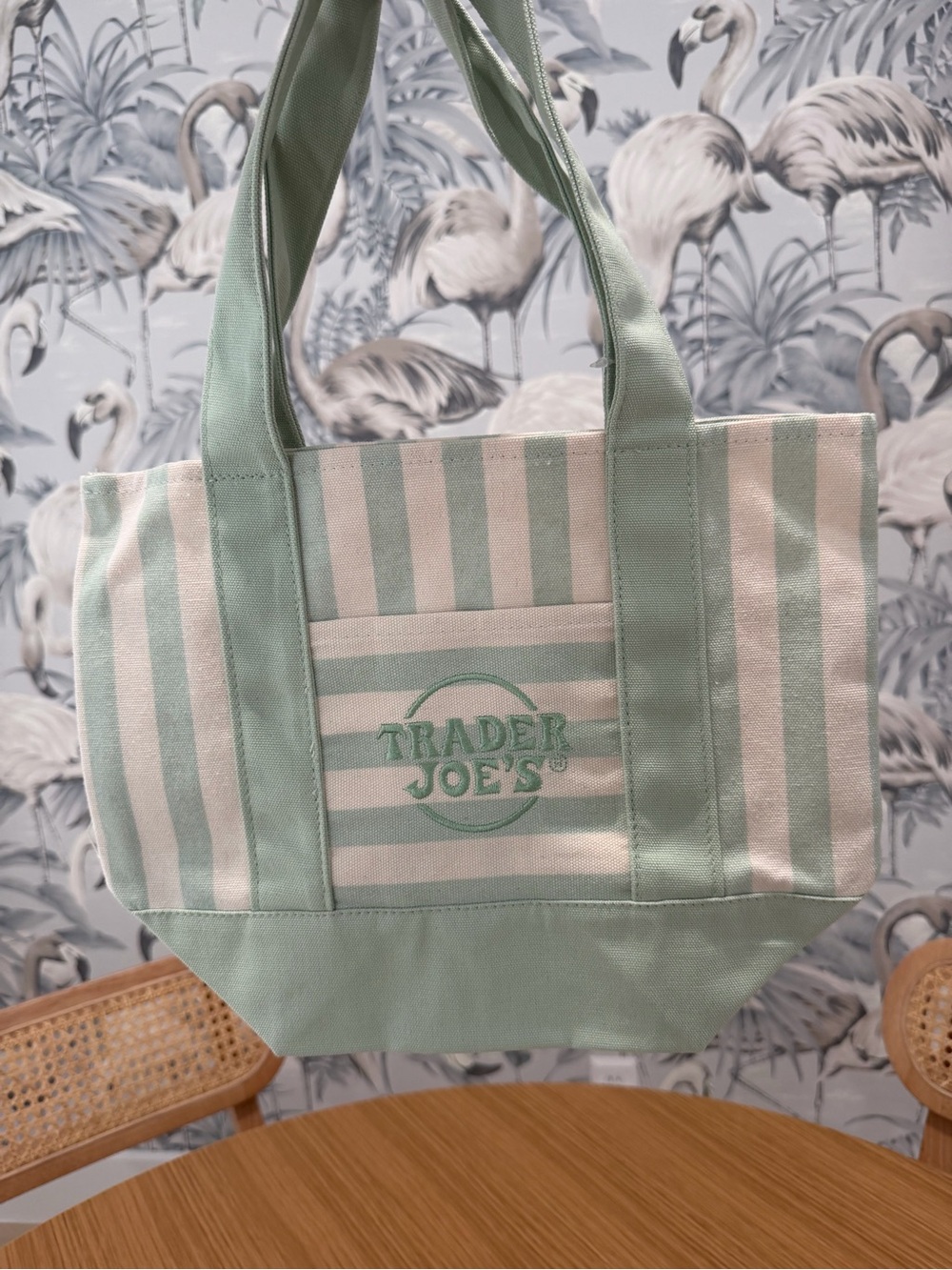 Trader Joe's Mint Green Stripe Canvas Tote MINI